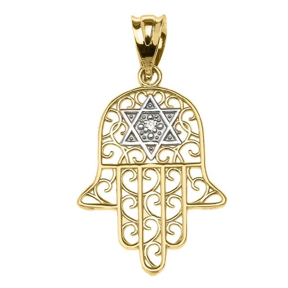 14K Real Gold Hamsa Diamond Star Of David Pendant